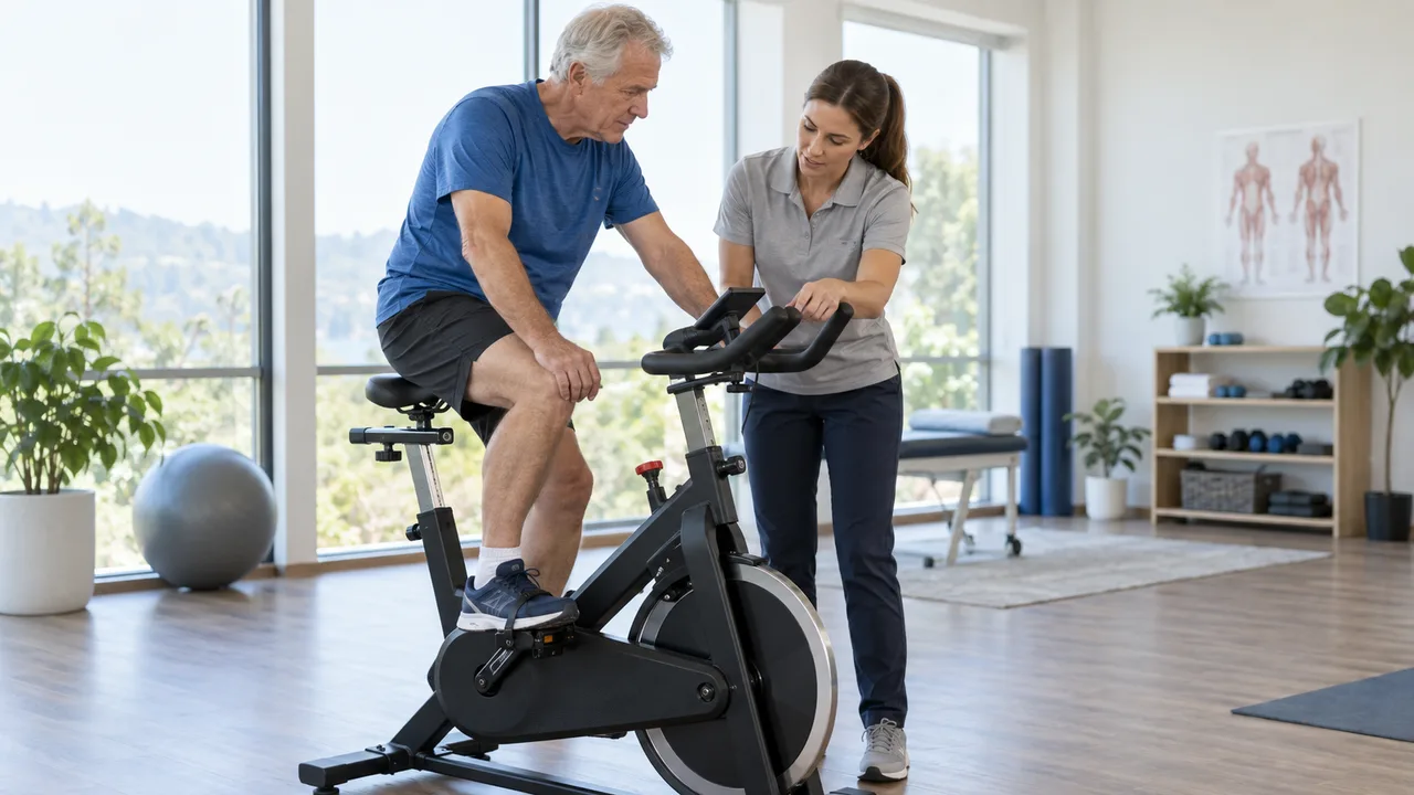 Older adult trying a stationary bike with a supportive professional nearby