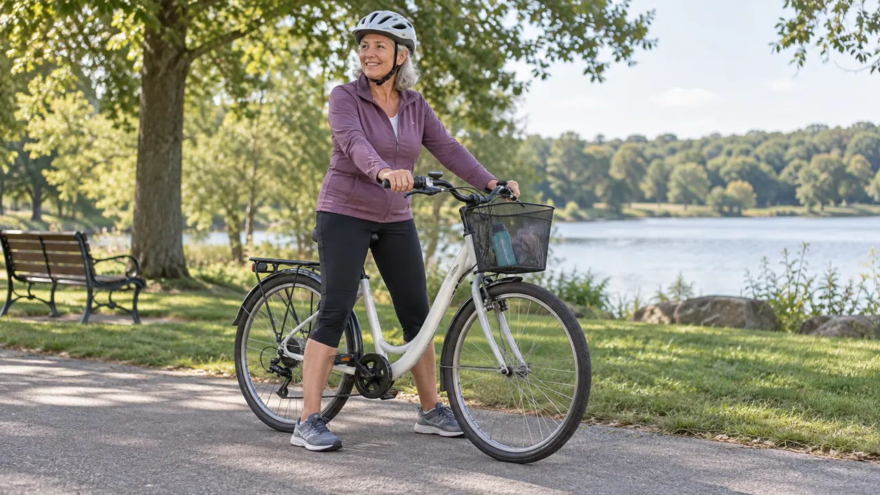 Cyclist taking a calm break beside a bicycle on an accessible flat path