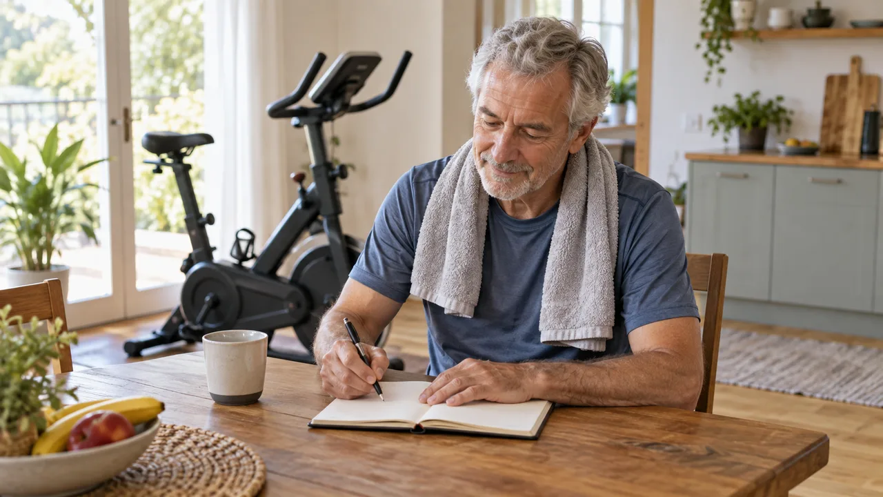 Older cyclist recording a ride and next-day activity notes at home