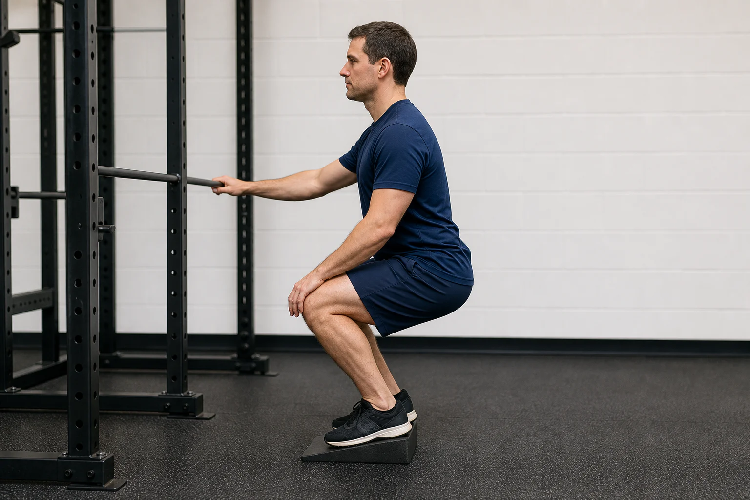 Bodyweight cyclist squat setup on a stable heel wedge with a narrow stance and full forefoot contact