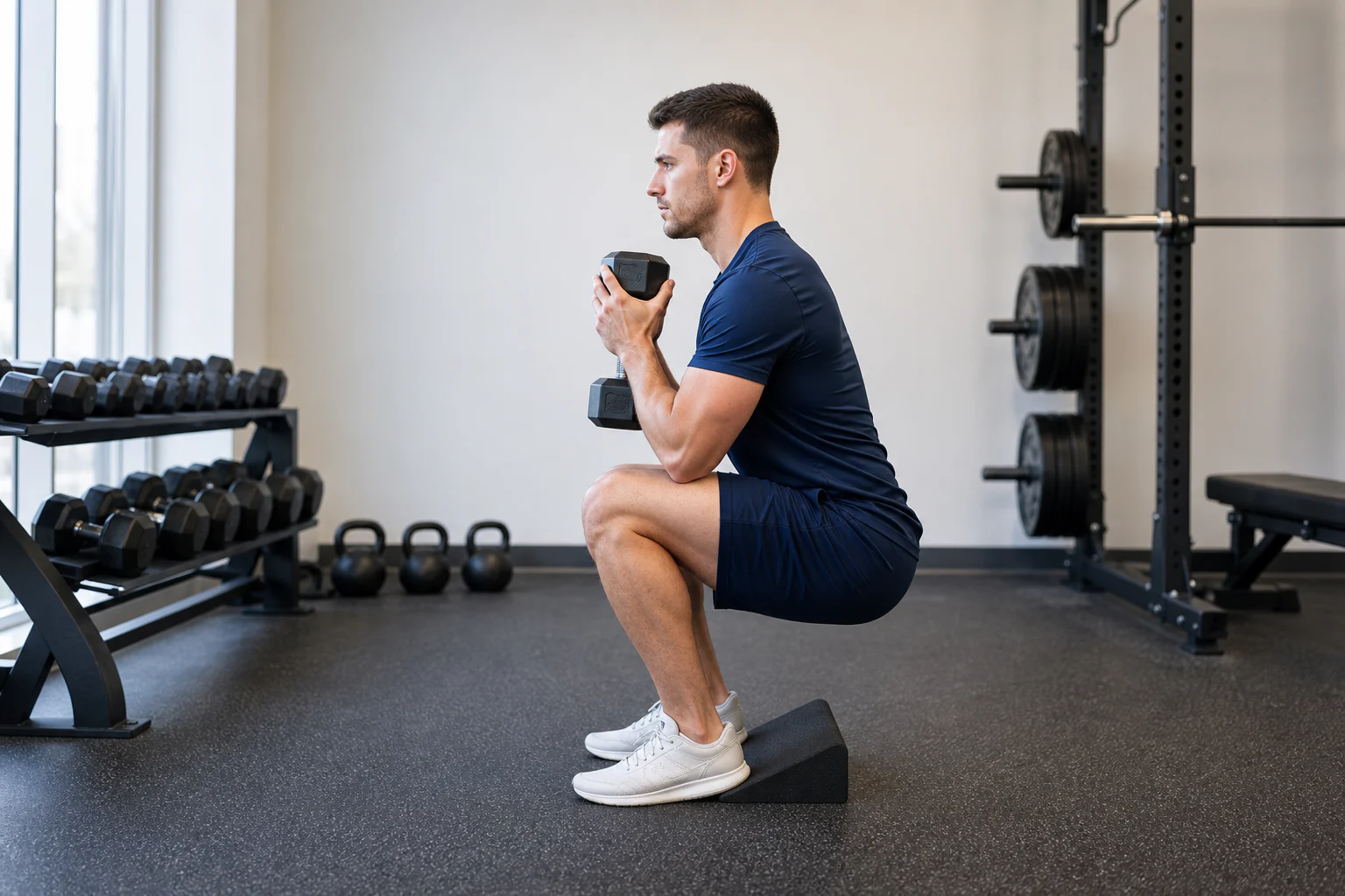 Athlete performing a controlled goblet cyclist squat with both heels supported on a stable wedge