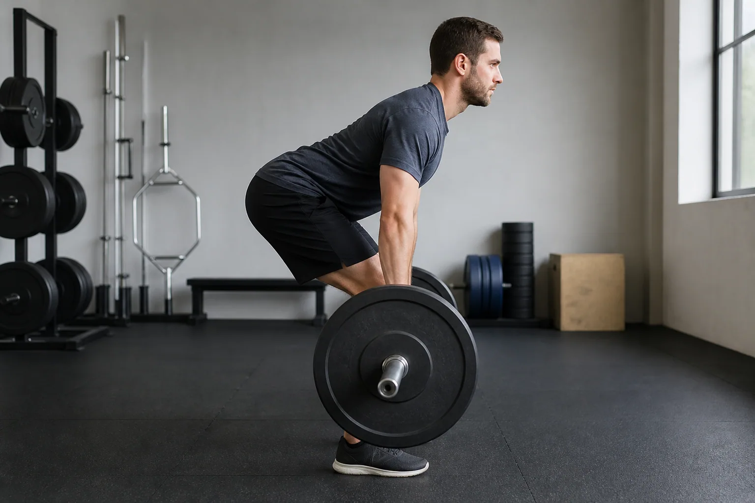 Lifter demonstrating a controlled conventional deadlift setup with the bar close and feet on stable flooring