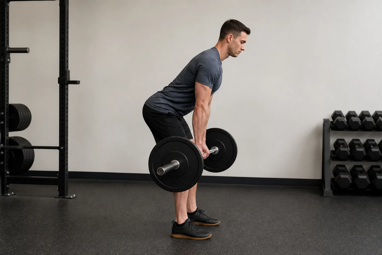 Adult performing a Romanian deadlift with a controlled hip hinge and softly bent knees
