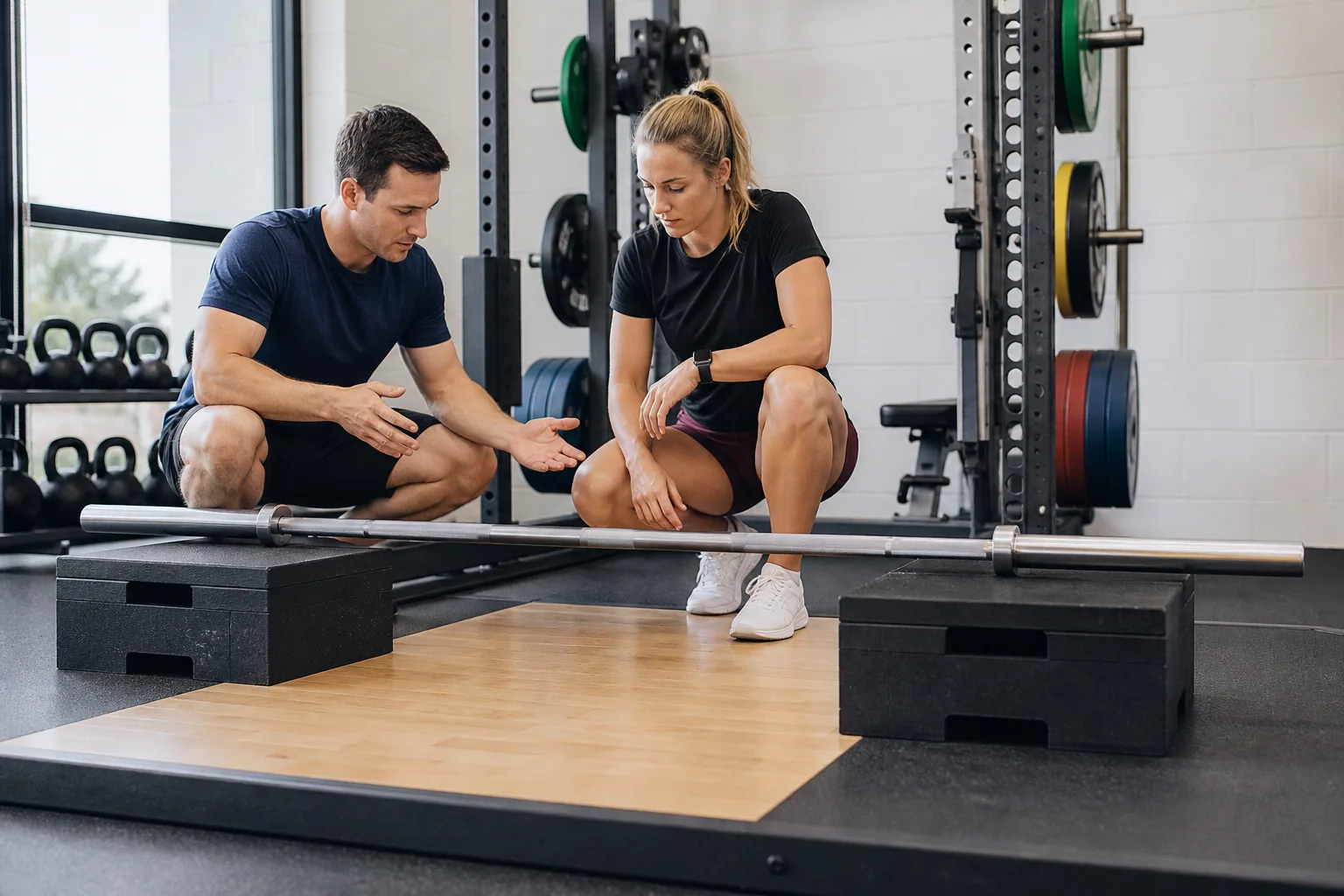 Deadlift bar supported on stable lifting blocks for a controlled reduced-range start