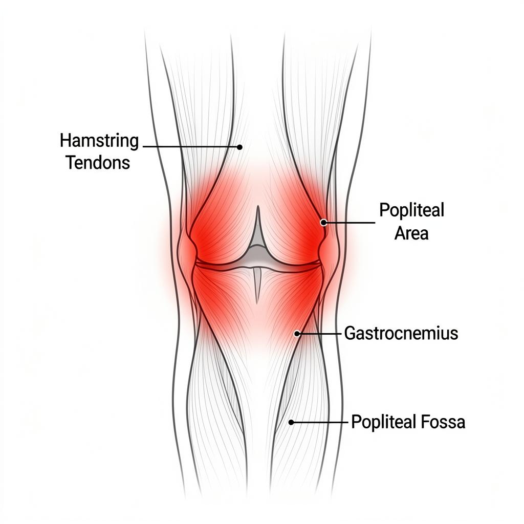Back of knee pain visualization showing hamstring tendons, popliteal area, gastrocnemius, and popliteal fossa