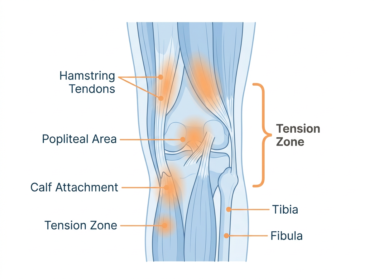 Posterior view of knee showing hamstring tendons, popliteal area, calf attachment, and tension zones