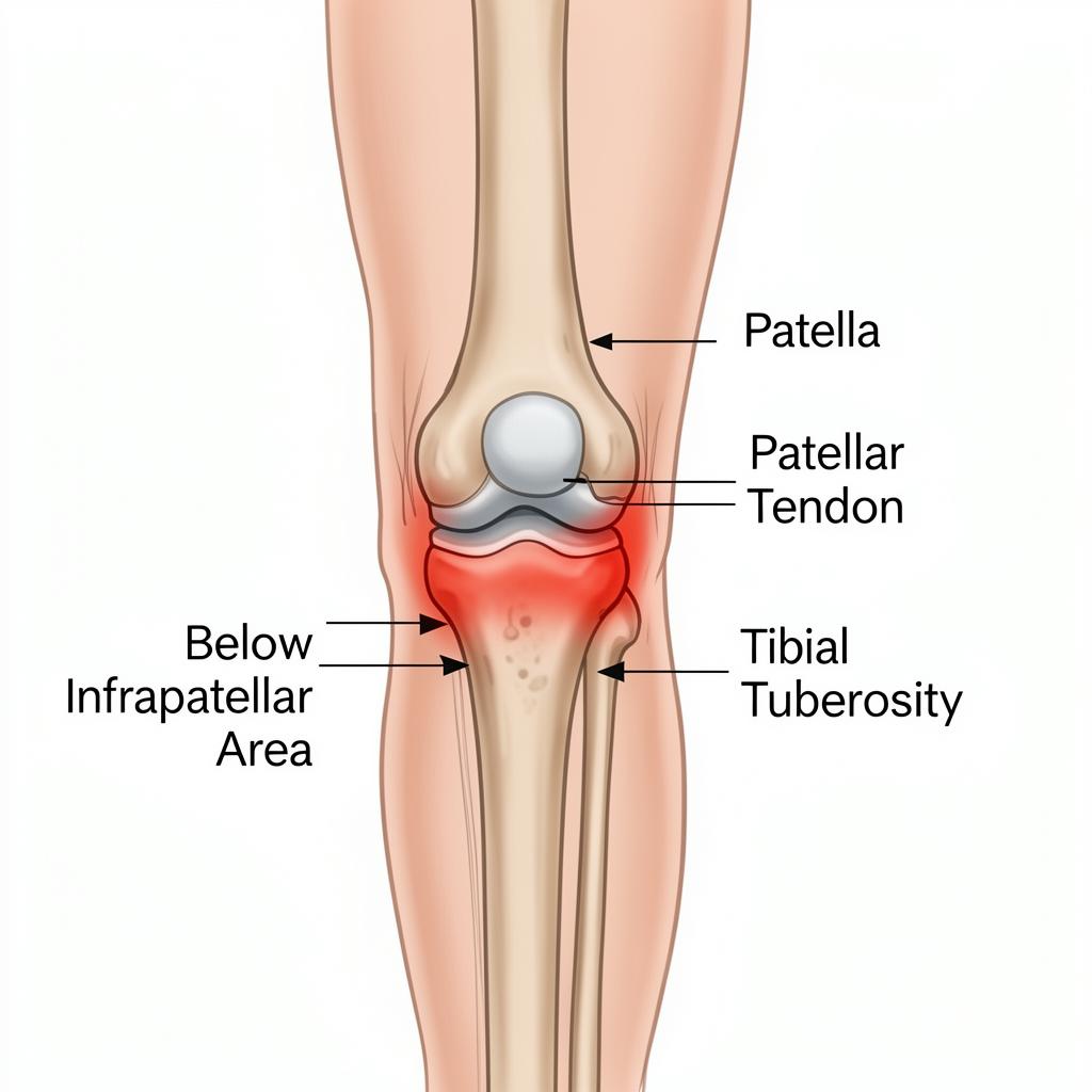 Below kneecap pressure diagram showing patella, patellar tendon, tibial tuberosity, and infrapatellar area