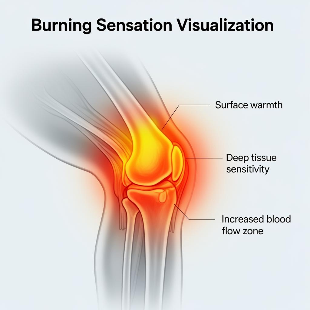 Heat map visualization showing the burning sensation pattern in a knee after exercise, with warmth radiating from the joint
