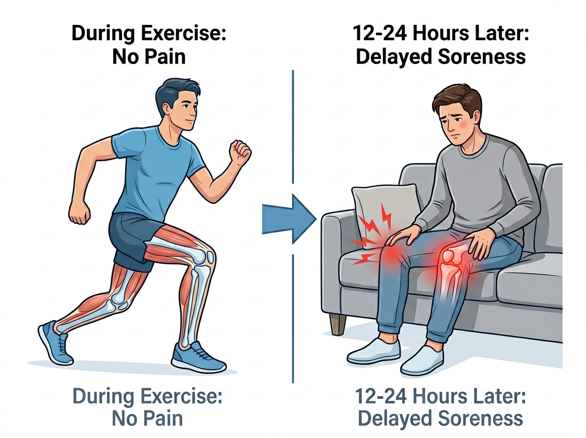 Diagram showing delayed knee pain after exercise, comparing no pain during workout to soreness appearing 12-24 hours later