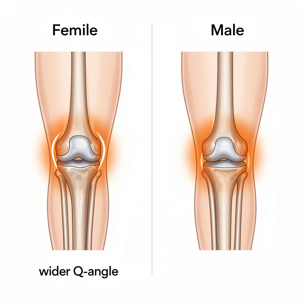 Comparison diagram showing wider Q-angle in female knee alignment versus male knee alignment