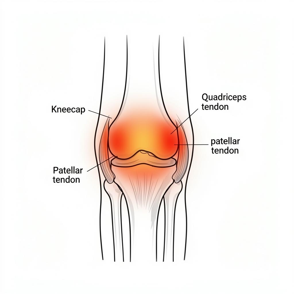 Diagram showing front of knee patellar region on the knee pain location chart
