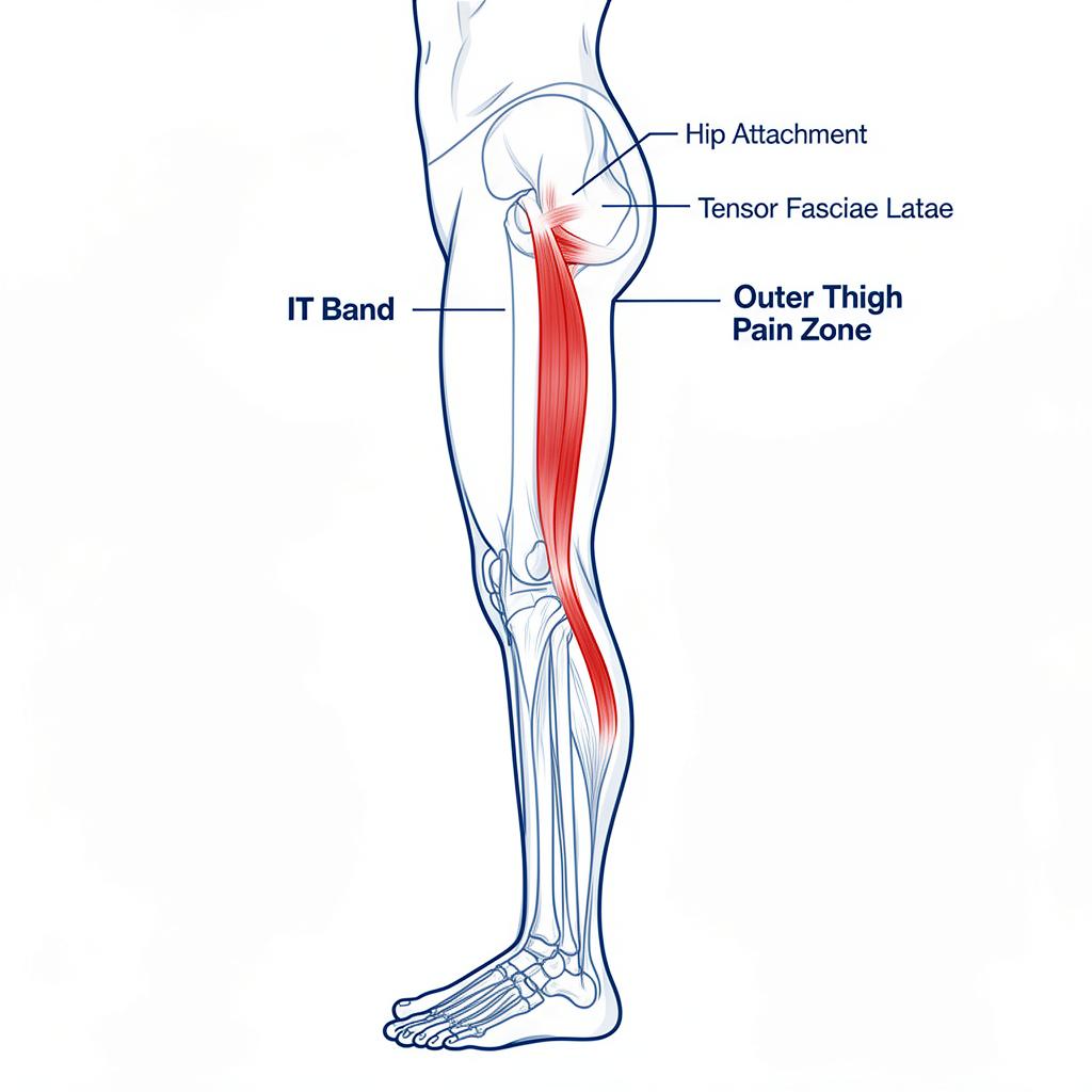 IT band pain outer thigh diagram showing the full pathway from hip attachment to outer knee