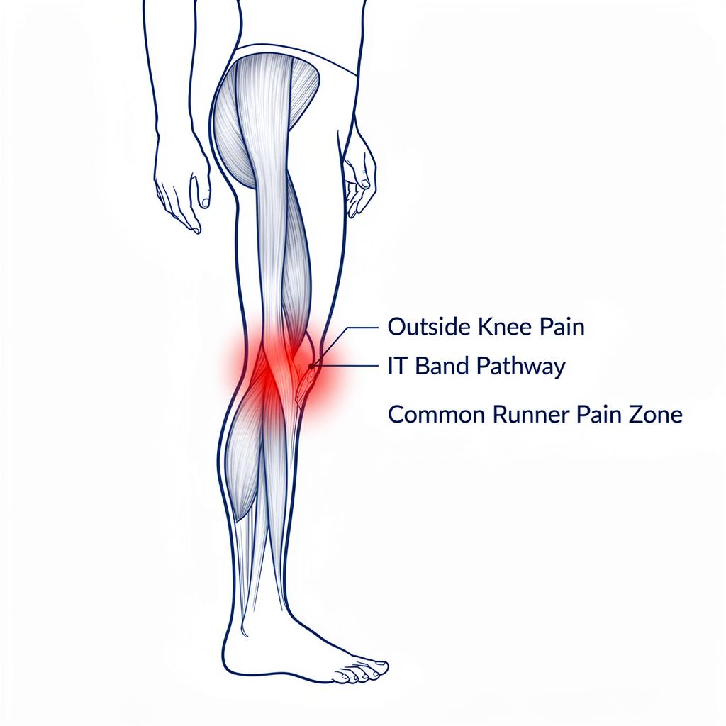 IT band syndrome outside knee pain diagram showing the common runner pain zone on the lateral knee