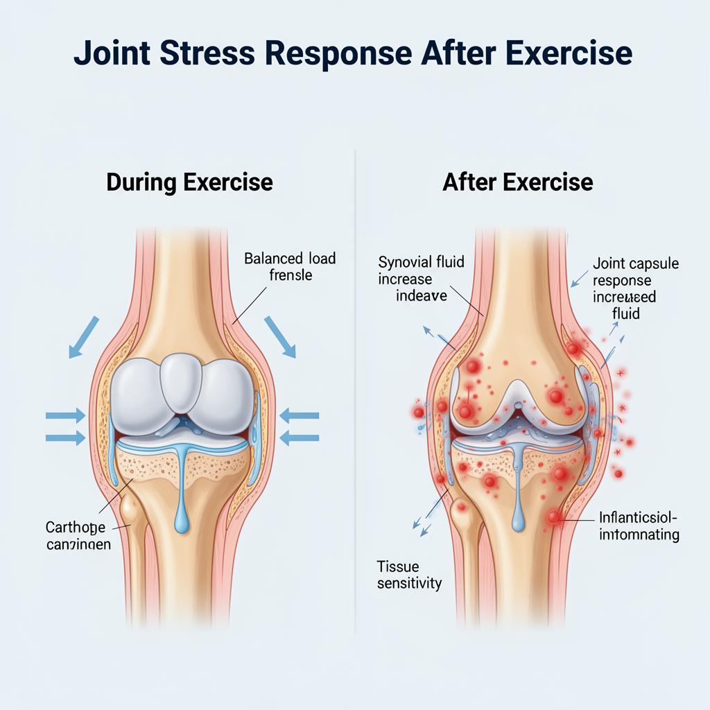 Comparison diagram showing joint stress response during exercise with balanced load versus after exercise with inflammatory response