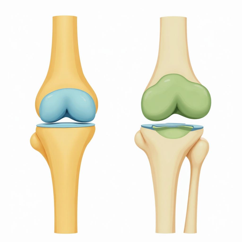 Comparison diagram showing healthy knee joint versus aging knee joint with cartilage and fluid changes