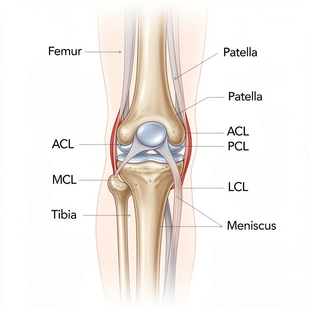 Knee anatomy diagram showing bones and ligaments including femur, tibia, patella, ACL, PCL, MCL, LCL, and meniscus