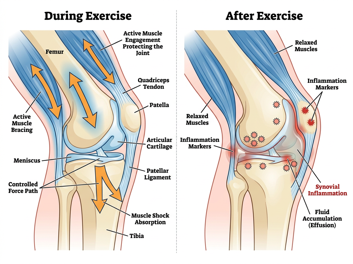 Comparison diagram showing knee joint stress during exercise with active muscle engagement versus after exercise when inflammation response begins