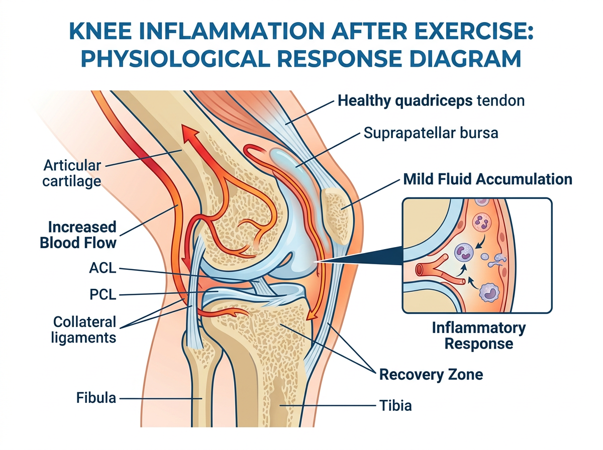 Diagram showing knee inflammation after exercise with increased blood flow, mild fluid accumulation, and inflammatory response