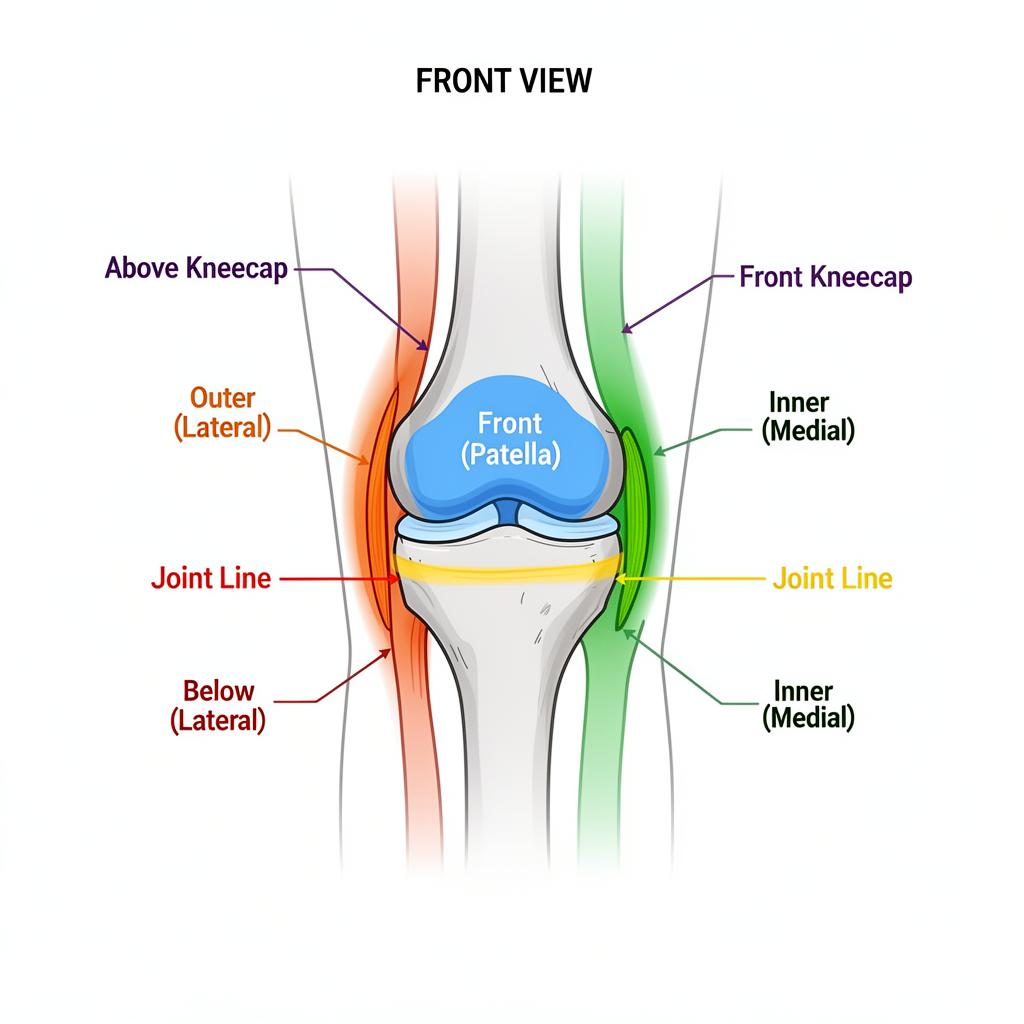 Knee pain location chart showing front view with all labeled zones including patella, medial, lateral, above kneecap, below kneecap, and joint line