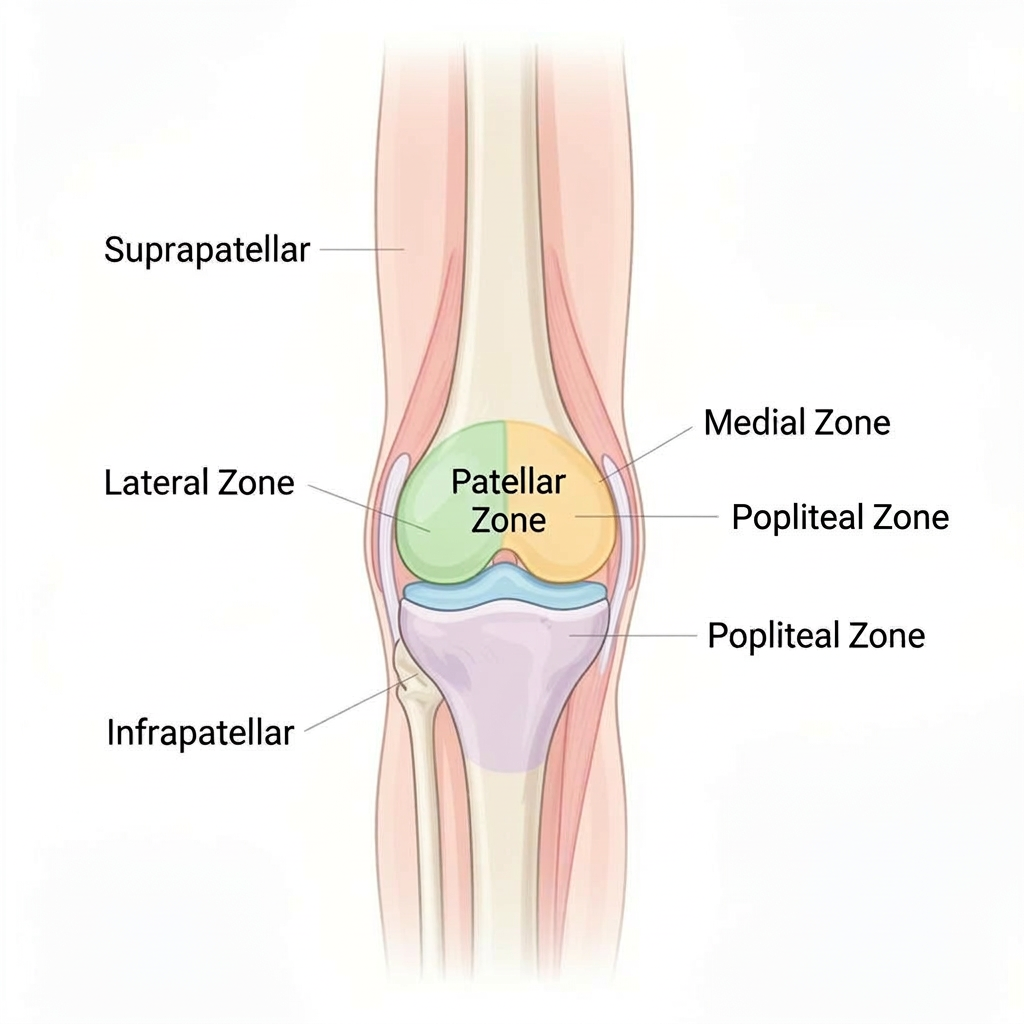 Knee pain map showing color-coded zones including patellar, medial, lateral, suprapatellar, infrapatellar, and popliteal areas
