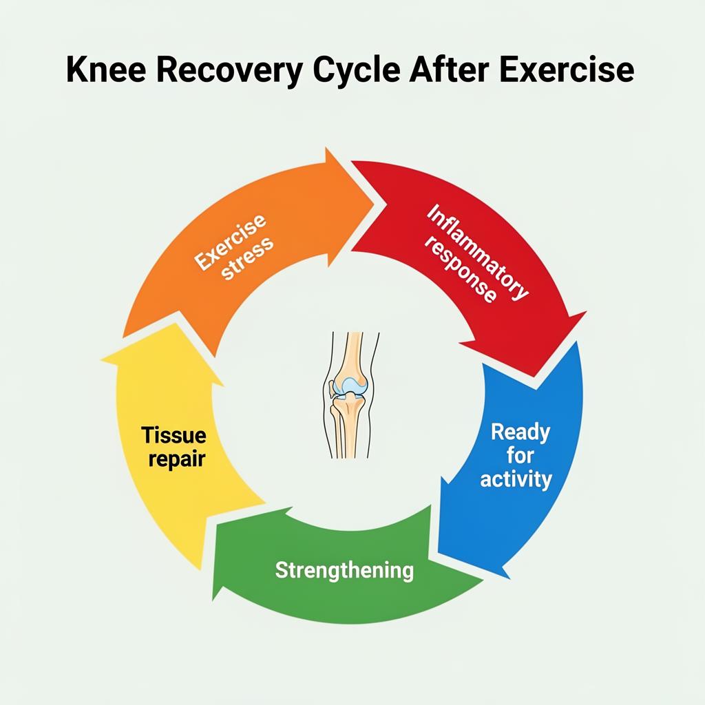 Circular diagram showing the knee recovery cycle after exercise: exercise stress, inflammatory response, tissue repair, strengthening, and ready for activity