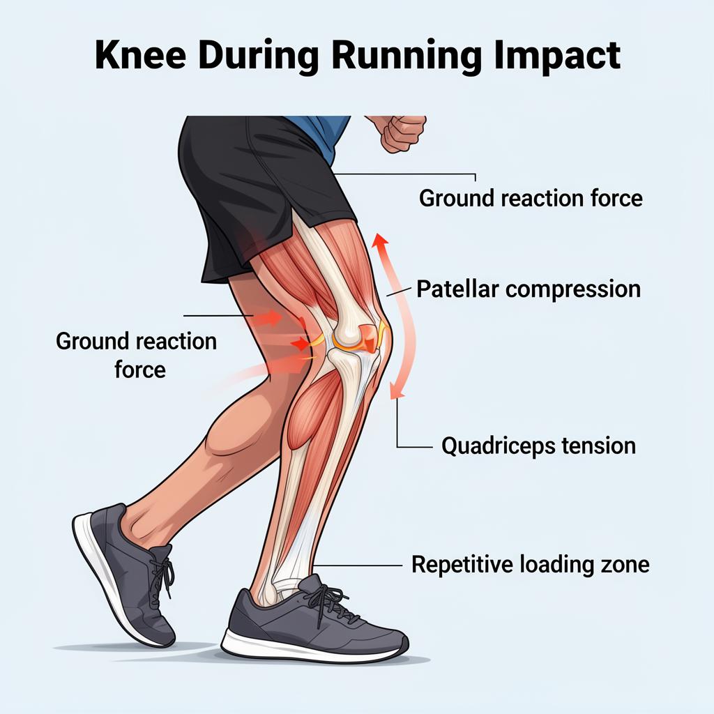 Diagram showing the forces acting on the knee during running, including ground reaction force, patellar compression, and repetitive loading