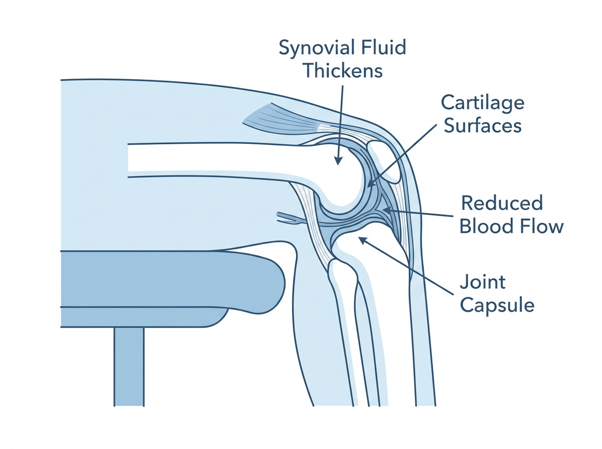 Diagram showing knee joint stiffness during prolonged sitting with labeled synovial fluid, cartilage surfaces, reduced blood flow, and joint capsule