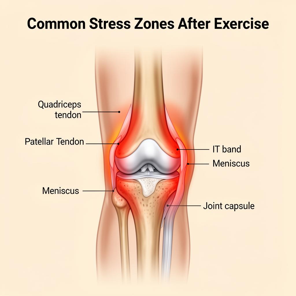 Knee anatomy diagram highlighting common stress zones that can produce burning sensations after exercise
