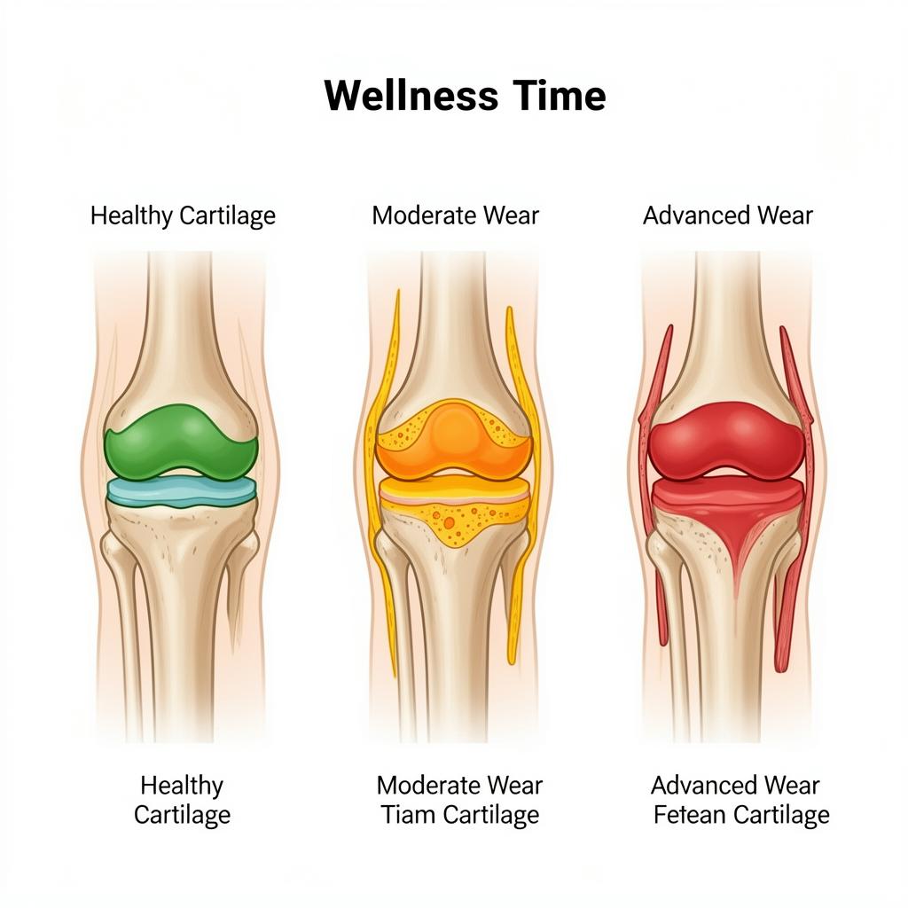 Diagram showing knee cartilage wear progression from healthy to moderate to advanced wear over time