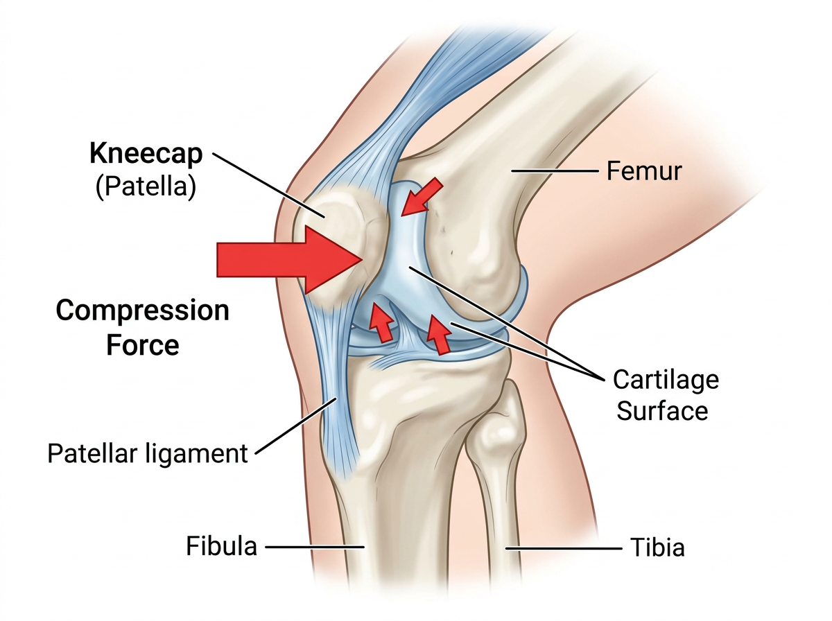Anatomical diagram showing kneecap compression forces during exercise, with labeled patella, femur, and cartilage surface