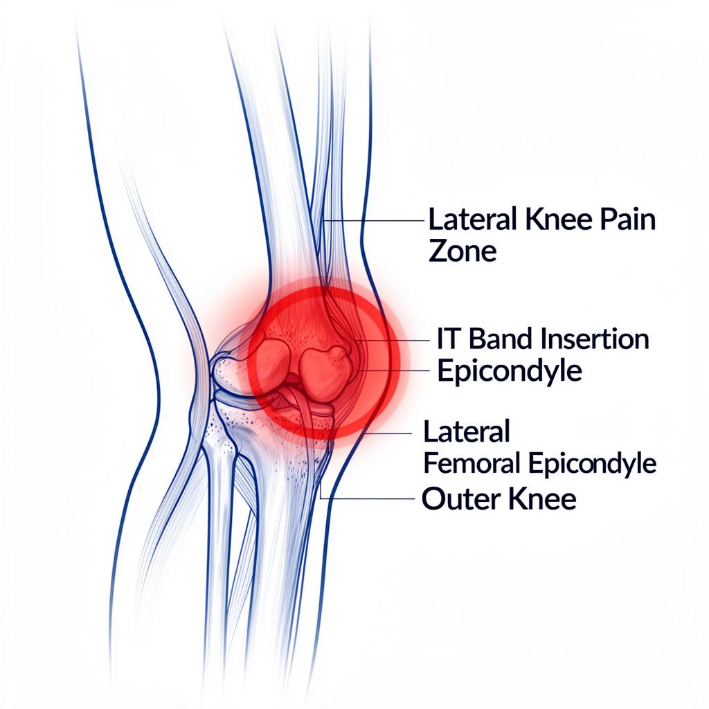 Lateral knee pain location diagram showing the IT band insertion point and outer knee pain zone