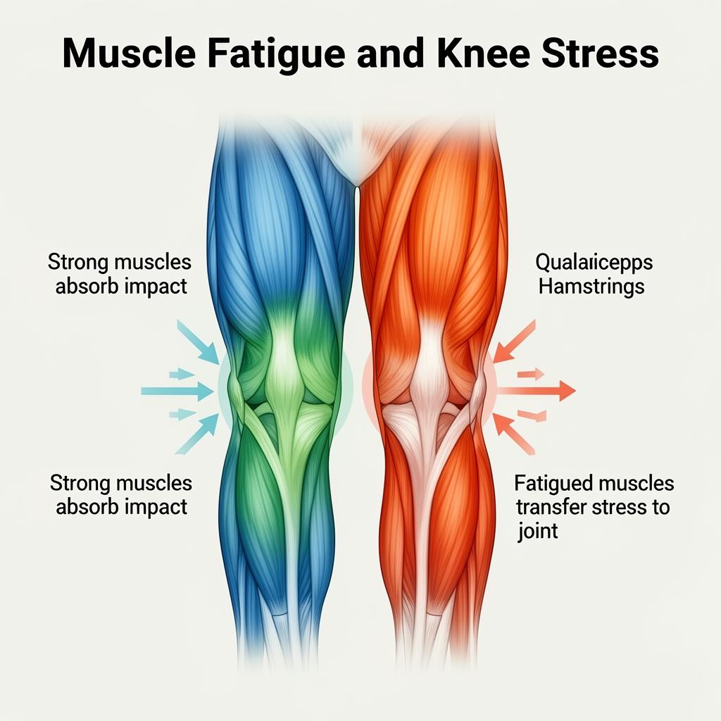 Comparison diagram showing how strong muscles absorb impact versus fatigued muscles transferring stress to the knee joint
