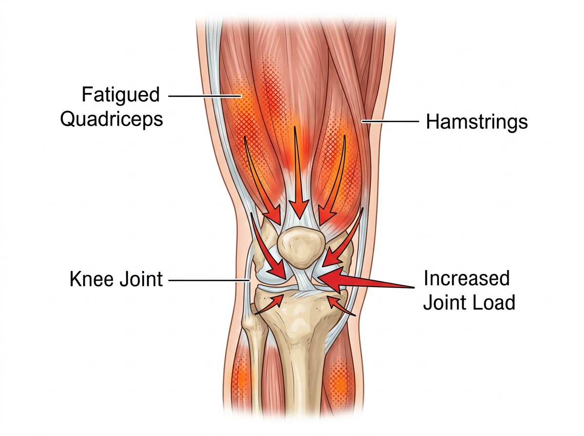 Anatomical diagram showing fatigued quadriceps and hamstrings with increased load transfer to the knee joint