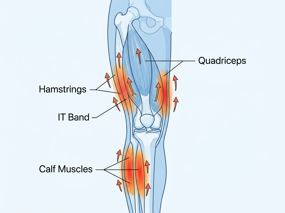 Diagram showing muscles tightening around the knee joint including quadriceps, hamstrings, IT band, and calf muscles