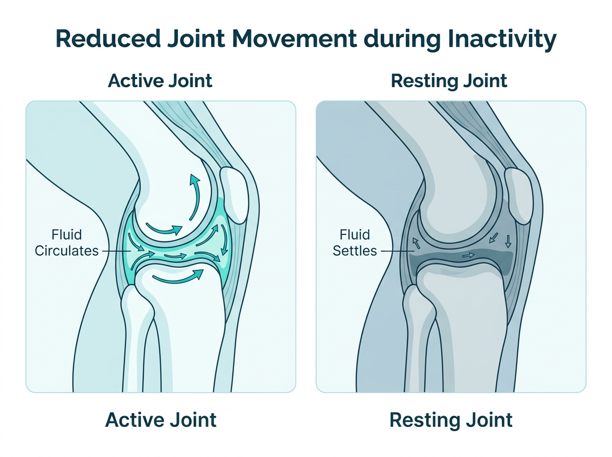 Comparison diagram showing active joint with circulating fluid versus resting joint with settled fluid