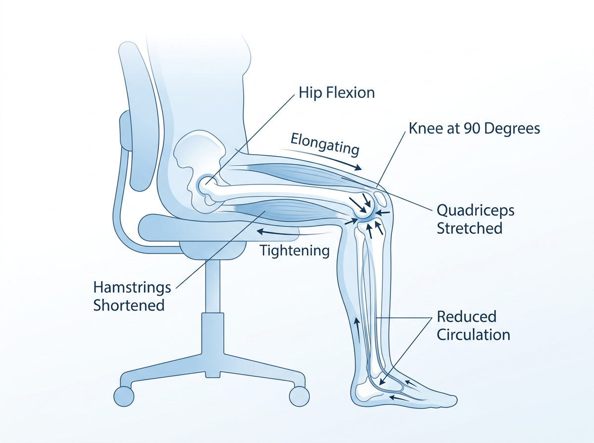 Diagram showing how sitting posture affects the knee joint with labeled hip flexion, knee at 90 degrees, hamstrings shortened, quadriceps stretched, and reduced circulation