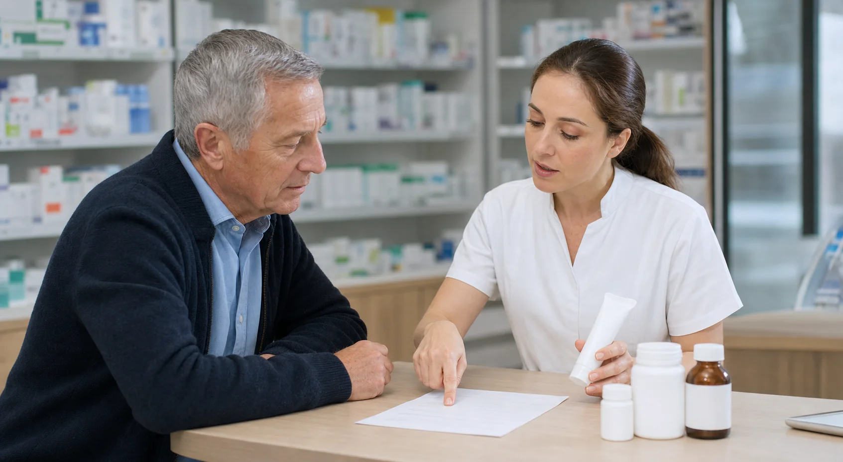 Older adult discussing an unbranded topical gel and a medication list with a pharmacist