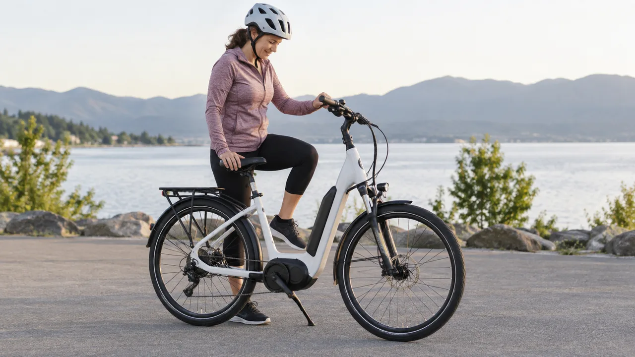Helmeted rider seated on a low step-through electric bicycle on a level path