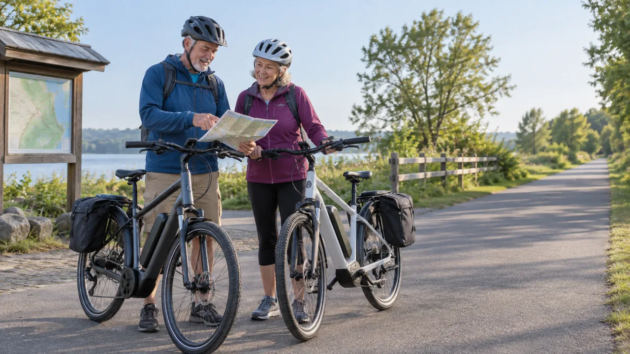 Two helmeted cyclists planning a flat route at a trail information board