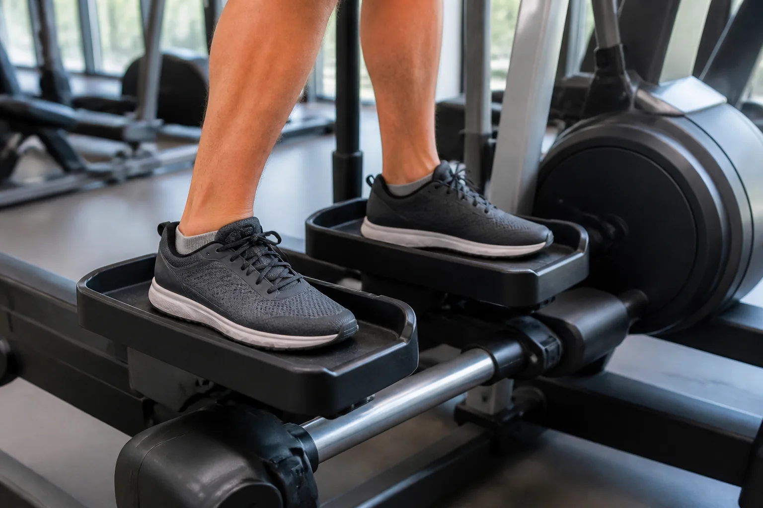 Shoes resting centrally on the separate broad pedals of an elliptical trainer