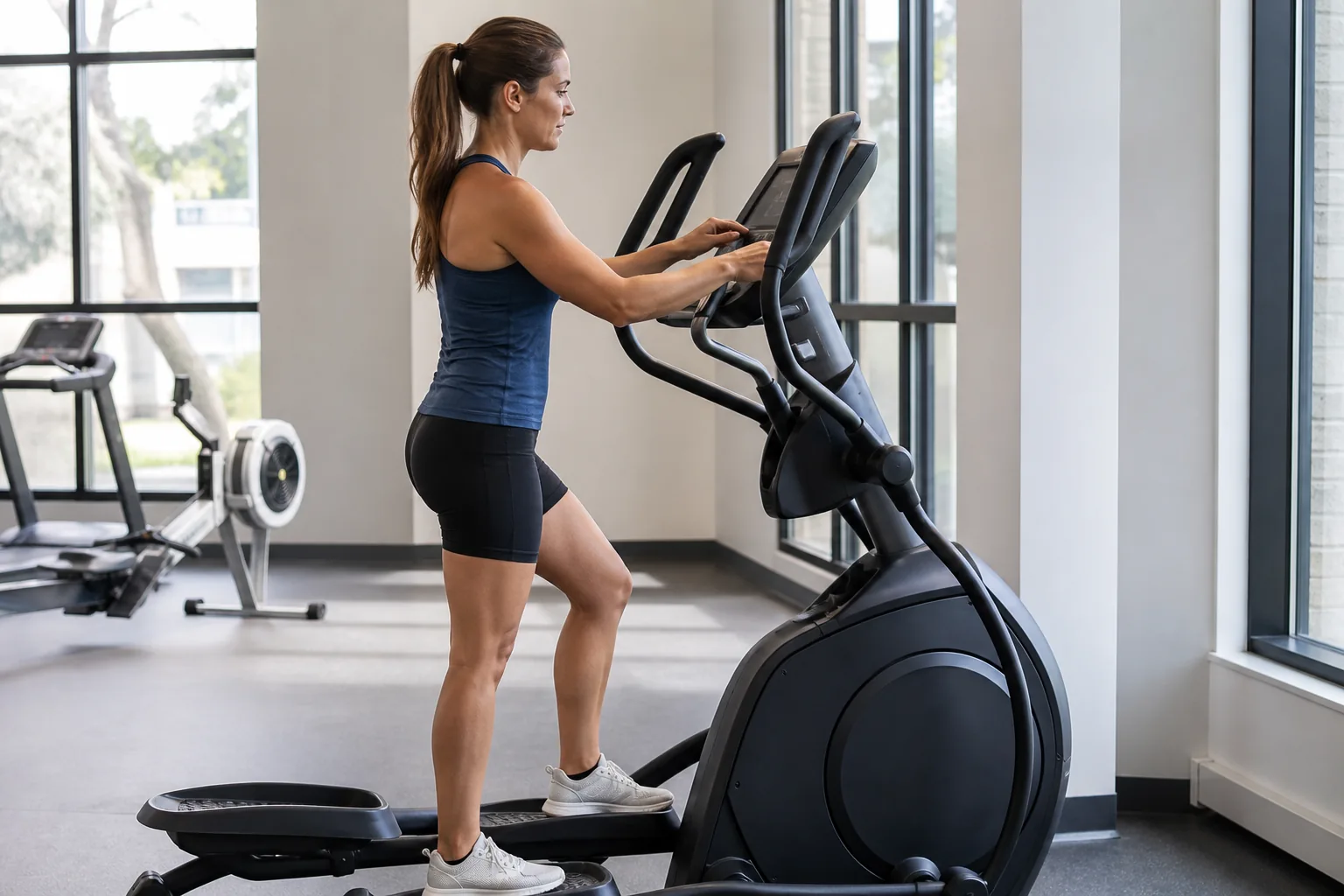 An adult checking the console settings on an unbranded elliptical in a bright gym