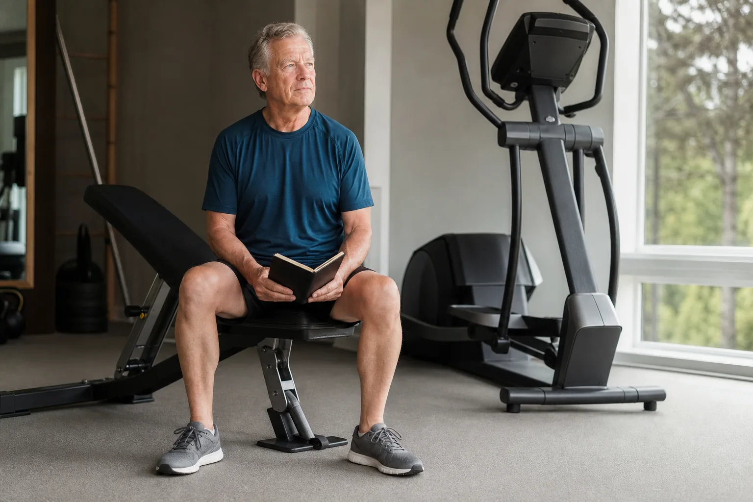 An older adult resting on a gym bench beside an elliptical with a notebook