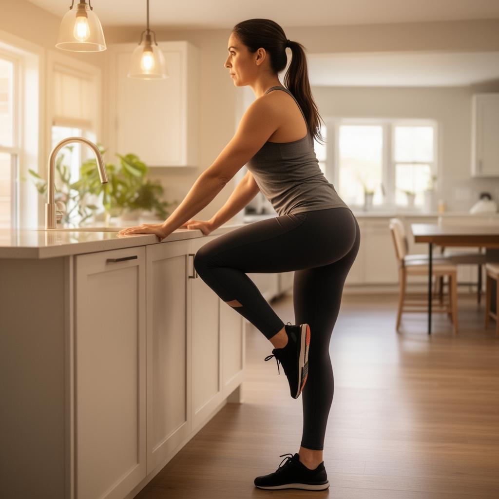 Calf raise exercise — rising up on toes while holding counter for support