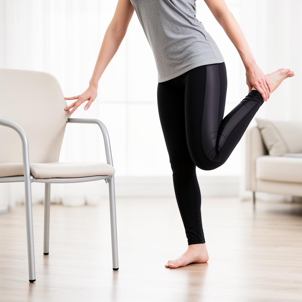 Standing hamstring curl exercise — bending knee behind while holding chair for balance