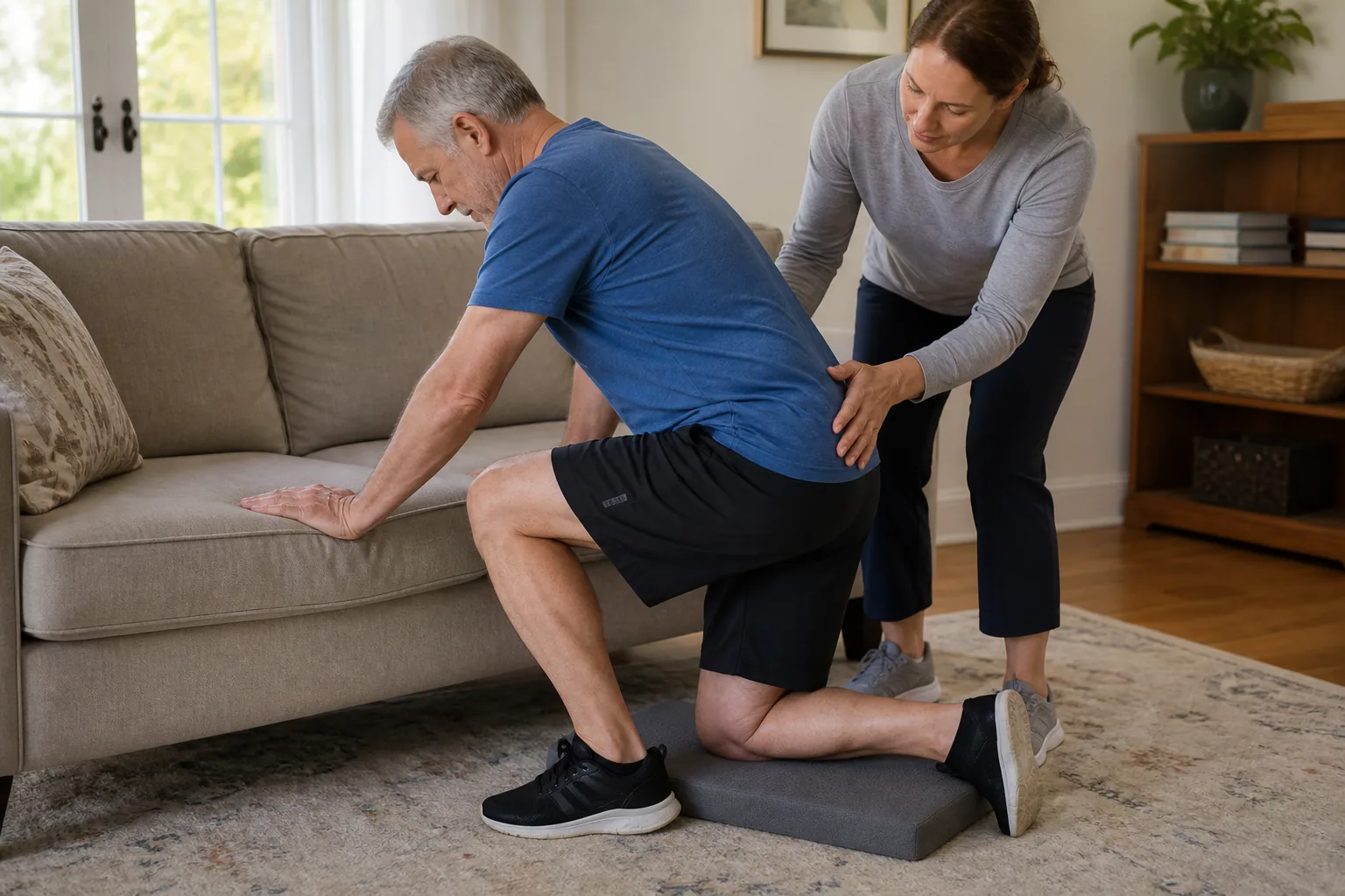 Adult practicing a supported half-kneeling floor transfer beside a sofa with a therapist nearby