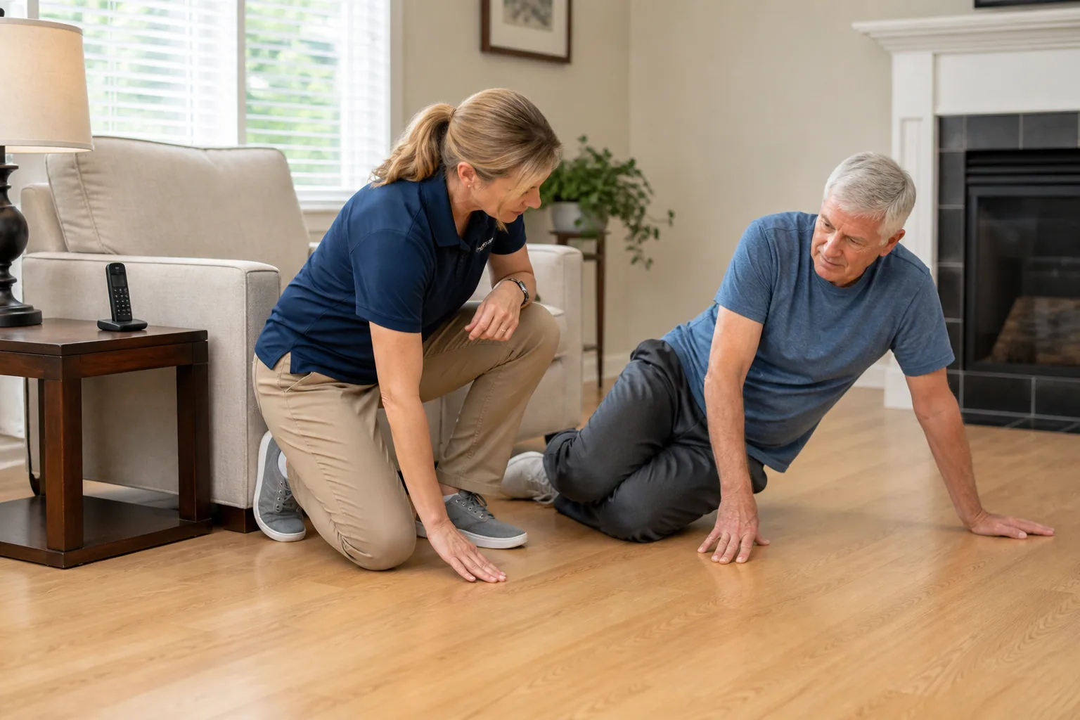 Therapist reviewing floor-transfer space and nearby furniture with an adult seated on the floor