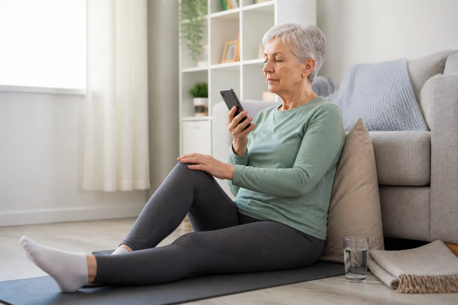 Woman seated safely on the floor beside a sofa using a phone to call for assistance