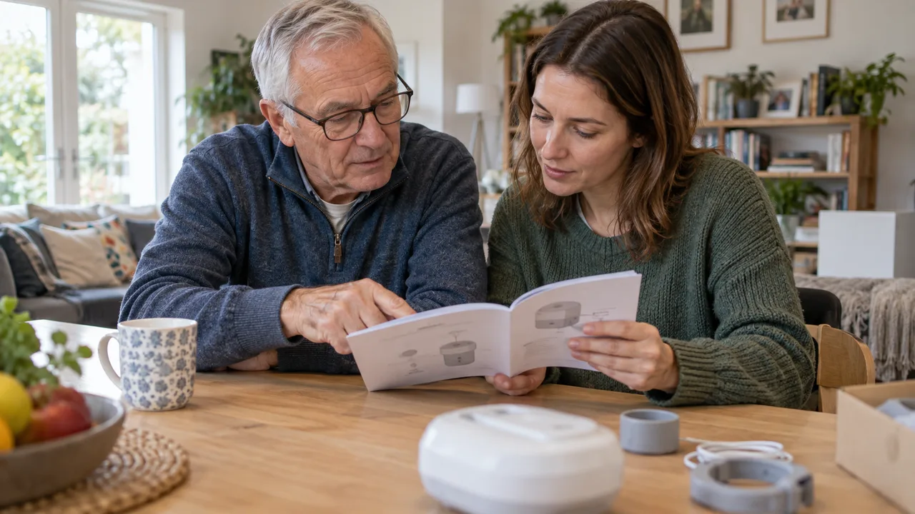 Older adult and family member reviewing simple controls and instructions together at home