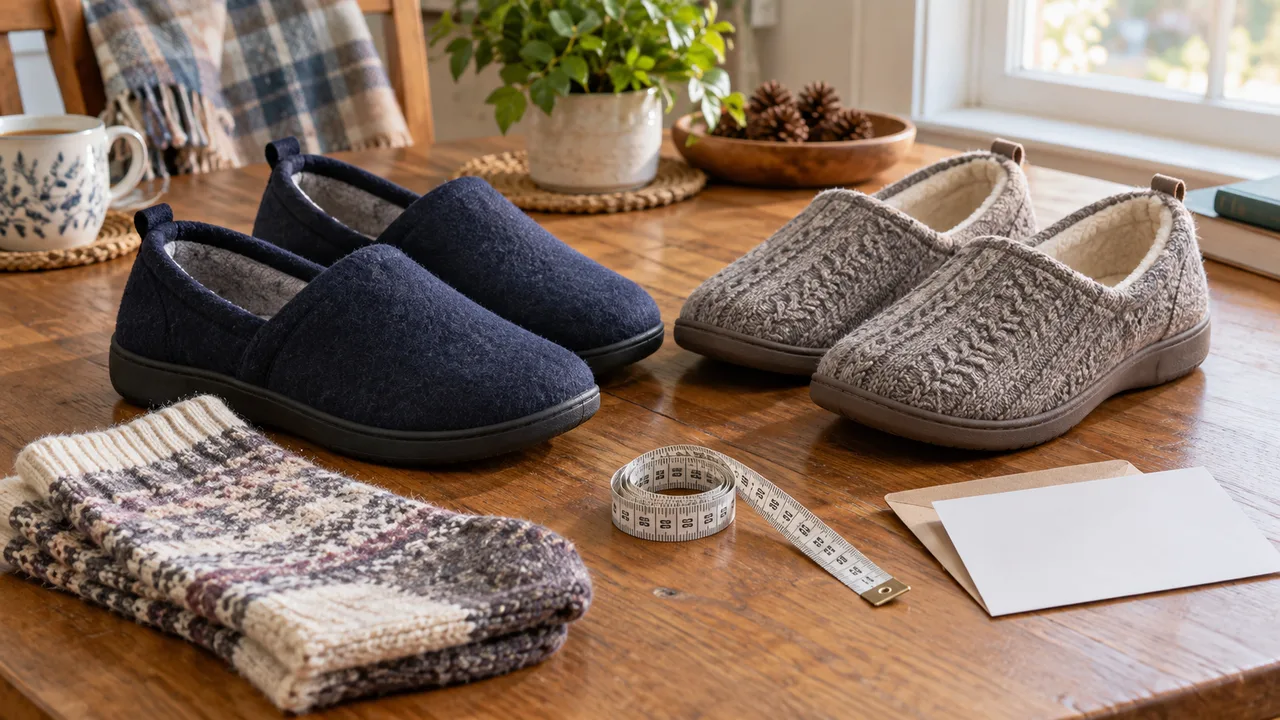 Practical footwear gift choices with socks, a measuring tape and a gift receipt on a table