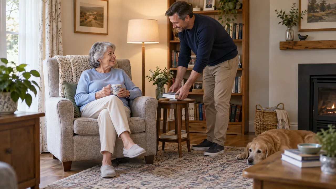 Adult child helping a parent arrange a comfortable reading area at home